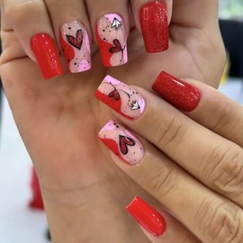 Valentine's Day Press on Nails Medium Square Fake Nails Red Glue on Nails Cute Love False Nails with Heart Glitter Designs Reusable Full Cover Acrylic Stick on Nails for Women Girls 24Pcs