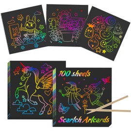 Kesote 100 Hojas Papel de Rascar + 2 Plumas de Bambú Tablero de Dibujo de Rascar de Arco Iris Papel de Scratch Hojas Desmontables para Notas Dibujos, Juegos