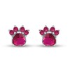 Heart & Round Cut Simulated Ruby Paw Print Stud Earrings