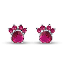 Heart & Round Cut Simulated Ruby Paw Print Stud Earrings Jewelry For Women In 14k White Gold Over Sterling Silver With Push Back
