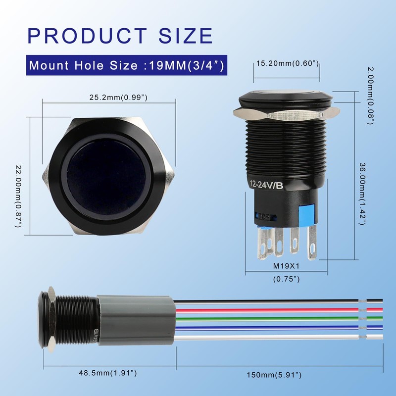 Zoyseay 19mm Push Button Start Switch 12V LED 5A 250V