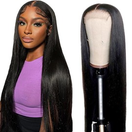 Creuost Straight Wig 4X1 T-Part Lace Frontal Human Hair Wigs No Tangle Pre Plucked Glueless Brazilian Remy With Baby Hair For Women 1B Natural Black Color 32 Inch