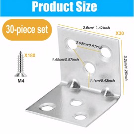 WORSETUY Joint Right Angle Bracket, 30 PCS Corner Brace Stainless Steel L Brackets, Heavy Duty Corner Bracket for Wood Furniture Cabinet Drawer Bed Chair