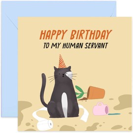 Old English Co. Human Servant Cat Happy Birthday for Him or Her - Funny Birthday Card from Cat to Mum and Dad - Birthday Card for Husband, Wife, Boyfriend, Girlfriend | Blank Inside with Envelope