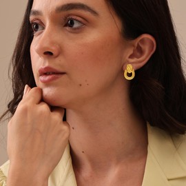 LeCalla 925 Sterling Silver 14K Gold Plated Twisted Door Knocker Inspired Drop Earrings Classic Textured Geometric Drop Stud Earrings for Women Teen 26 MM