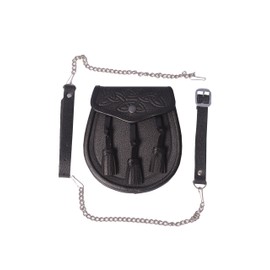 Embossed Celtic 3 Tassel Black Leather Kilt Sporran w/Belt