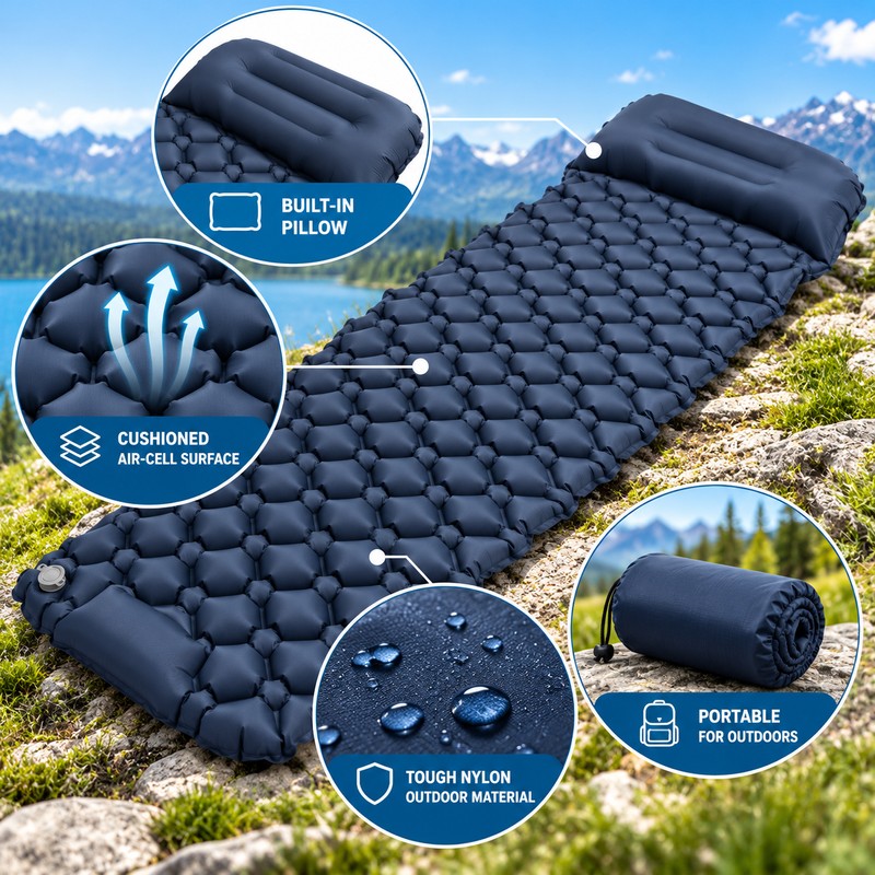 Inflatable Camping Sleeping Pad with Pillow – Self-Inflating Air Cushion
