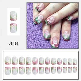 24Pcs Christmas Press on Nails Short French Tip Fake Nails Winter Snowflake Design Glossy Nude False Nails Pink Green Glitter Nail Tips Full Cover Glue on Nails for Women DIY Christmas Acrylic Nails