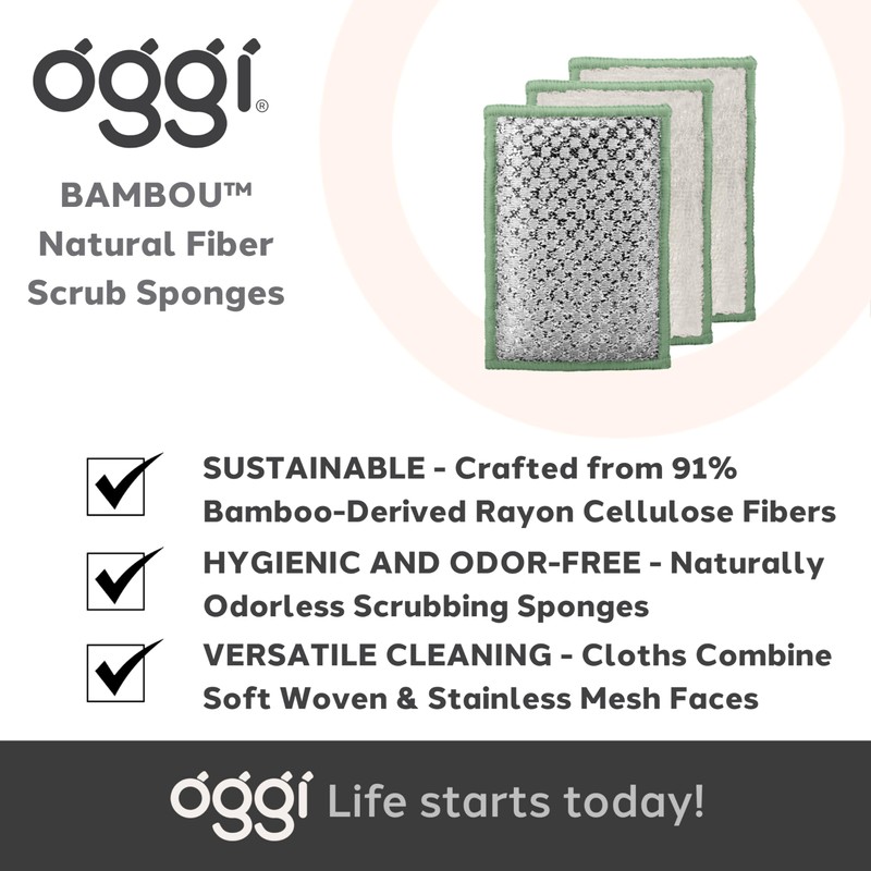 OGGI Bambou Odor-Free Scrubbing Sponges - Natural Scrub Sponges for