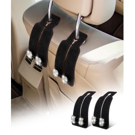 MOBIKEY Car Seat Hooks for Headrest 2pcs, New Bling Rhinestones Crystal Hooks Purse Hook for Car Premium Leather Metal Hook for Backseat Storage Headrest Holders Car Interior Accessories, Black