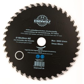 180 x 20 mm Saw Blade, Circular Saw Blade for Wood with 40 Tilted TCT Teeth, PTFE Non-Stick Coating and Laser Cuts for Noise Reduction
