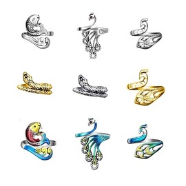 9pcs Vintage Adjustable Knitting Loop Crochet Ring, Punk Crochet Ring - Knitting Accessories, Snake Peacocks Fish Open Finger Ring/Adjustable Braided Ring for Faster Knitting Best Women Men Rings