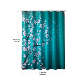 LIGICKY Japanese Style Shower Curtain for Bathroom Durable Waterproof Fabric Shower Curtains for Home Decor 180 x 180 cm, Plum on Blue Background Set with Shower Curtain Rings