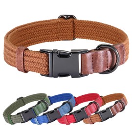 PET ARTIST Dog Collars for Large Dogs, Heavy Duty Cotton Dog Collar with Quick Release Metal Buckle, Soft & Durable Brown Leather Dog Collar, Adjustable Large Dog Collar for Male Dogs,L(Fit 15-23")