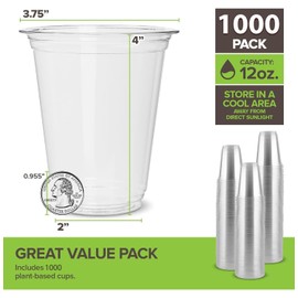 Stock Your Home 12 oz Clear Compostable Cold Cups (1000 Pack), Plant Based Eco Party Cups, Recyclable Disposable Cups for Water and Wine