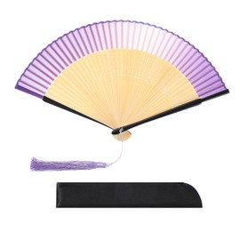 MECCANIXITY Hand Held Silk Bamboo Fans Chinese Vintage Style Silk Folding Fan Folding Fan for Women Dance Music Festival Wedding Party, Light Purple
