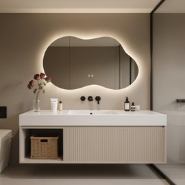 WallBeyond 46"x26" Asymmetrical LED Backlit Bathroom Mirror, Irregular Vanity Mirror with Lights for Modern Master Bathroom, Dimmable, Anti-Fog, Horizontal/Vertical Mount