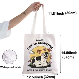 BWWKTOP Cute Cow Canvas Tote Bag Cow Lover Gifts Life Is Beautiful And I Do Have Time Cow Reusable Shopping Bag, Life is Beautiful, One Size