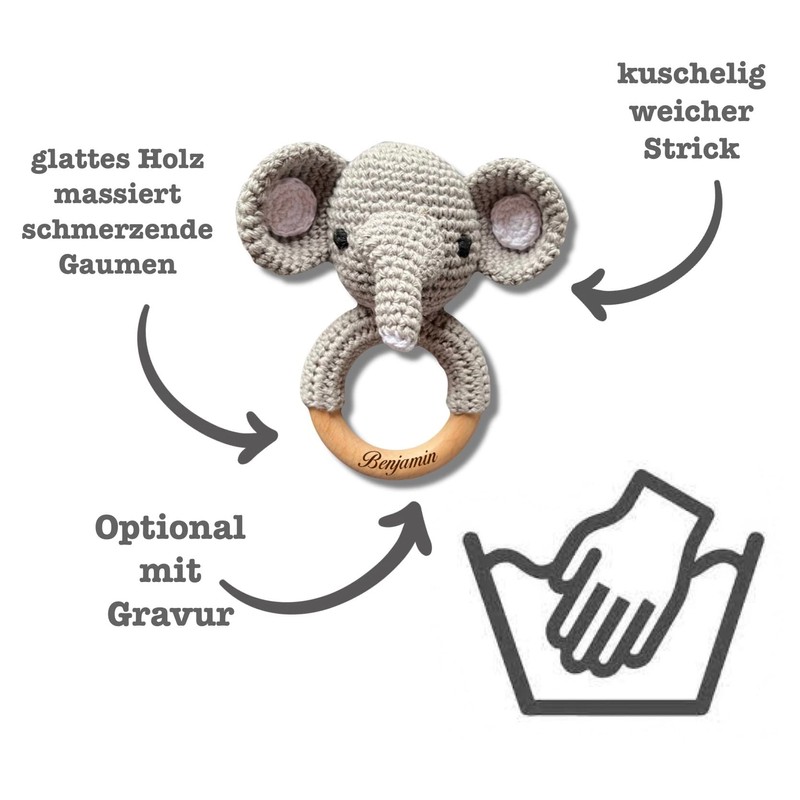 Babyrassel ELEFANT (klein) gehäkelt personalisiert/ohne Personalisierung (Ohne Personalisierung)