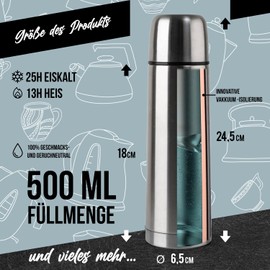 Stainless Steel Thermos Flask with Cup; Thermos Flask Double-Walled Insulated Jug; Leak-Proof, Dishwasher Safe & BPA-Free; Keeps Drinks Hot & Cold (Silver, 500 ml)