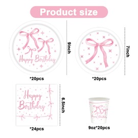 SKTMH 84Pcs Pink Bow Birthday Party Supplies Coquette Birthday Decorations Pink Bow Tableware Include Pink Bow Plates Napkins for Pink Bow Party Decorations Girls Birthday Bachelorette Party Decor