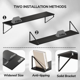 BAMEOS Floating Shelves for Wall, Rustic Wood Wall Shelves Set of 3, Wall Bookshelf for Living Room、Bedroom and Kitchen, Black Book Shelves for Wall Decor, Large Wall Shelves for Storage