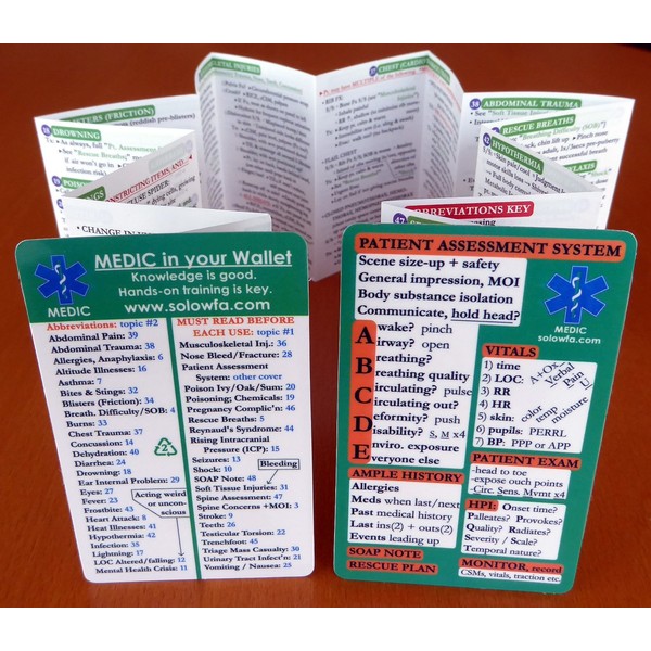 First aid pocket guide "MEDIC in your Wallet" ~ FITS IN YOUR WALLET, so it's ALWAYS WITH YOU. 48 topics in Home / Disaster First Aid / Travel First Aid / Wilderness First Aid / Rural Living First Aid