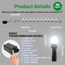 LAMPHOME String Lights White, 49ft 306 LED 9mm Frosted Globe String Lights, 11 Modes Christmas Globe Lights, Xmas Tree Ball Lights Outdoor Mini Globe Light for Christmas Tree Home Party Patio