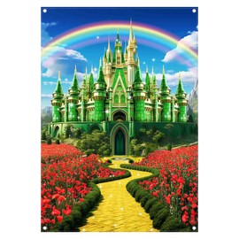 Yriujul 5x7ft Polyester Green Castle Backdrop Yellow Brick Road Rainbow Sky Emerald Photography Background Floral Banner Party Decorations Photo Props
