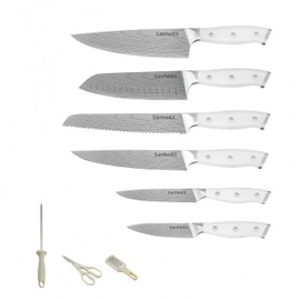 SanheKit 11pcs Knife Set, High Carbon Exclusive German Steel 6 Piece Knife 5cr15mov, 8" Chef's Knife 8" Bread, Carving, Utility, Paring Knives, Kitchen scissors,Full Tang, Ergonomic White Handle