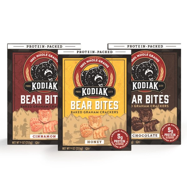 Kodiak Cakes Bear Bites Graham Crackers Variety Pack: Honey, Chocolate & Cinnamon Snacks