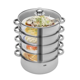 awolsrgiop 5 Tier Stainless Steel Steamer Cooker, 28cm Steam Pot Kitchen Food Cooking + Glass Lid Meat Vegetable Cooking Steam Pot Kitchen Cookware Food Steamer for Home Kitchen