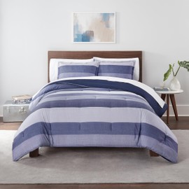 Serta Simply Clean Billy Soft Modern 3 Piece Jersey Striped Comforter Set with Pillow Case for All Season, King, Blue