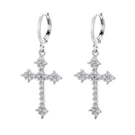 Fashion CZ Cross Dangle Earrings for Women Girls Hypoallergenic Crystal Charms Drop Dangling Huggie Small Hoop Cartilage Cuff Dainty Punk Faith Jewelry Gifts for Prayer (Silvery)