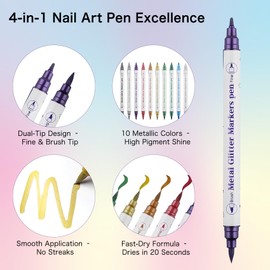 Creaglam 10 Colors Metallic Nail Art Pens Dual Tip – Quick Dry Nail Design Pens with Brush & Fine Tip for DIY Nail Art on Natural, Gel, Acrylic Nails