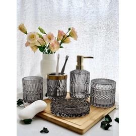 LaMarriti Gray Bathroom Accessories Set, 5Pcs Glass Bathroom Accessories, Soap Dispenser, Soap Dish, Toothbrush Holder Set, Cotton Swab Jar, Elegant Gold Accent for Bath Countertop, Vintage Decor