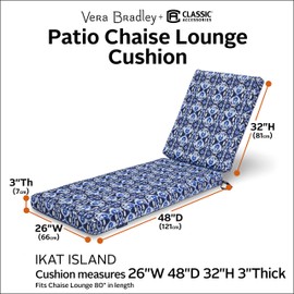 Classic Accessories 62-153-010501-PL Vera Bradley Water-Resistant x 48 x 32 x 3 Inch, Ikat Island Patio Chaise Lounge Cushion, 26" W x 48" D x 32" H x 3" Thick