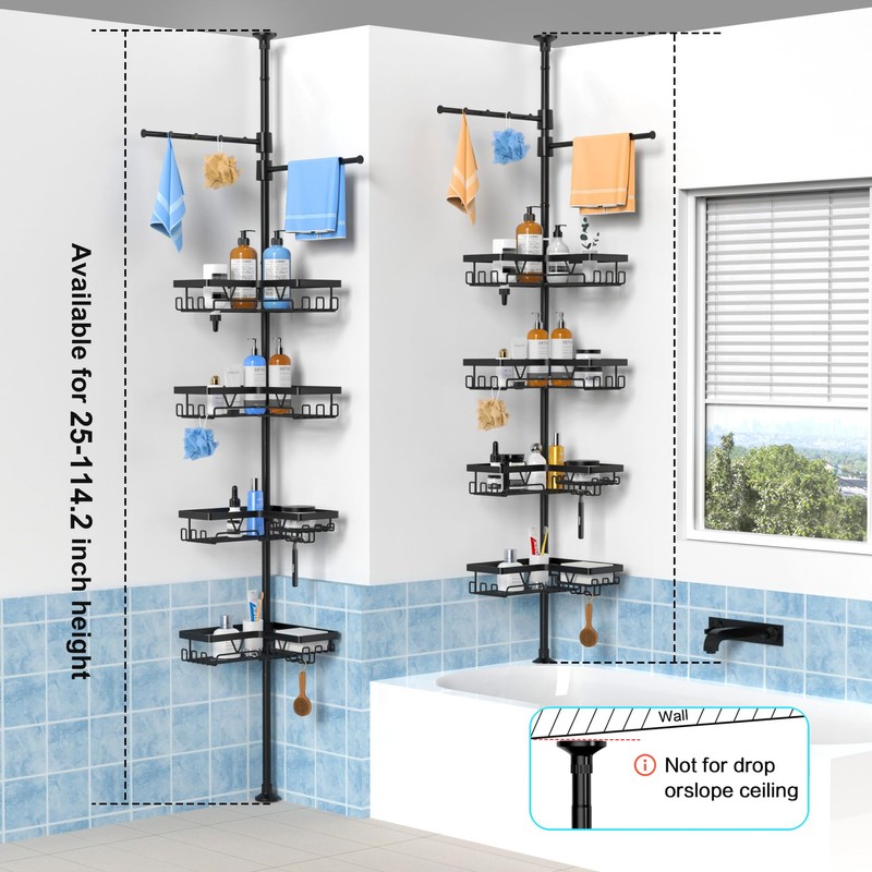 KEGII Black Shower Caddy Tension Pole with 2 Towel Bars,