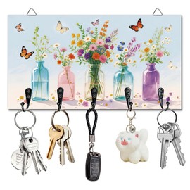 DELORIGIN Wildflowers Vases Key Holder Wall Mounted Display Wooden Key Racks with 5 Metal Hooks Keys Hanger Storage Organizer for Wall Decorative Door Entryway Hallway Kitchen New Home Gift