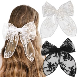 2Pcs Black White Lace Large Bow Hair Clips Cute Bowknot Barrettes Flower Embroidery Ribbon Hair Clips French Style Hair Accessories for Women Wedding Prom