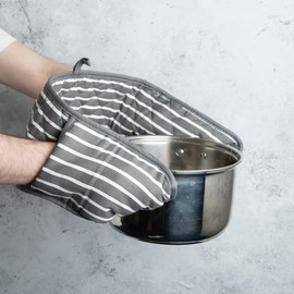 MOLLY MALOU® Butcher Stripe Double Oven Gloves Quilted Heavy Duty Cooking Potholder Heat Resistant Mitt 18x90cm (Grey)