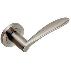 Pair Angular Design Curved Handle - Concealed Fix Round Rose - Satin Steel | Door Handle Lever on Screwless Rose - Internal Door Hardware - Screws, Fixings and Spindle Included