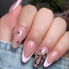 24Pcs Pink French Tip Press on Nails Medium Almond Fake Nails 3D Gold Bow Star with Rhinestones Glitter Designs Full Cover Glue on Nails Artificial Cute False Nails for Women Acrylic Manicure Salon