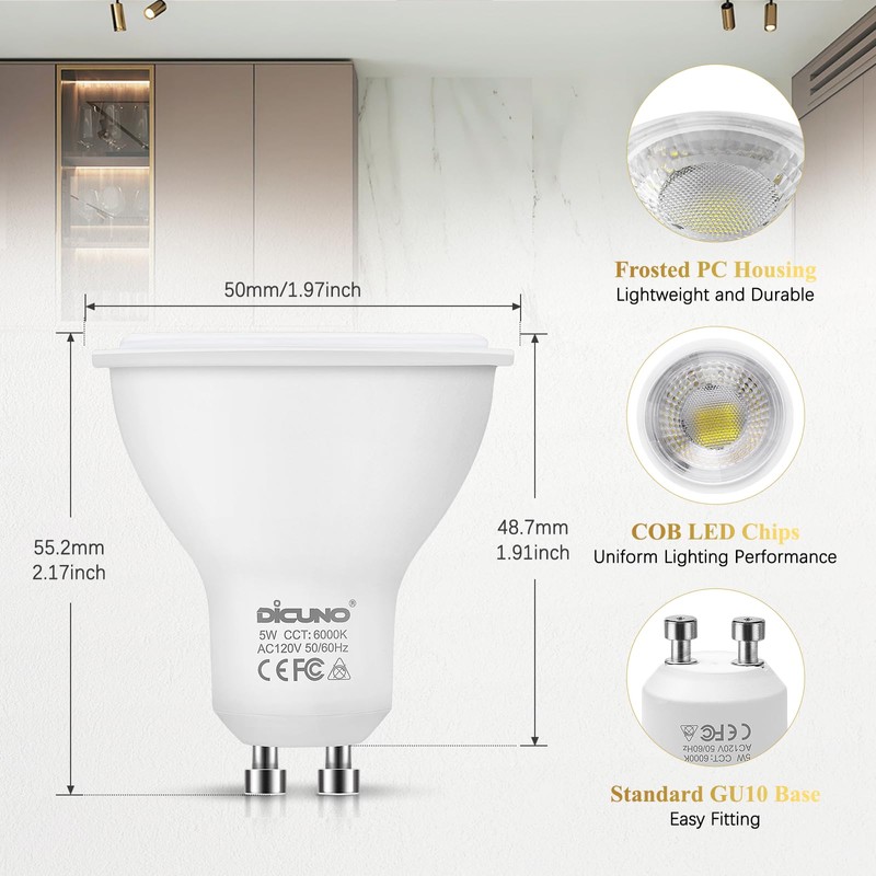DiCUNO GU10 LED Bulbs 5W Daylight White, 6000K, 500lm, 45