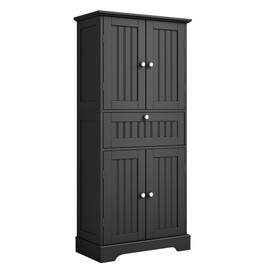ChooChoo 51" H Tall Bathroom Floor Cabinet, Modern Bathroom Storage Cabinet with Drawer and Adjustable Shelves, Freestanding Kitchen Pantry Cupboard with 4 Doors for Living Room, Black
