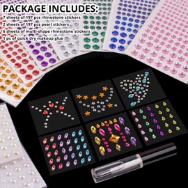 15 Sheets Face Rhinestones and Pearl Stickers Set 4 with 9 Colors, Mixed shape Self Adhesive Gems Face Jewels Stick on, with Glue for Makeup Eyes Face Hair Nails Body, Crafts and Decorations
