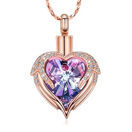 Minicremation Stainless Steel Urn Necklace Angel Wing Heart Urn Necklace for Ashes for Women Memorial Ash Pendant, Stainless Steel Stone Zirconia Stainless steel stone, Diamond Zircon Amber