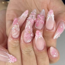 Gifiky 24Pcs French Pearls Tip Press on Nails - Short Almond False Nails with Acrylic Relief carvings Flowers Design, Pink Fake Nails for Women,Reusable Glue on Nails Full Cover Tips