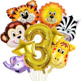 3rd Jungle Safari Birthday Party Decorations, 9 Pack Safari Animal Balloons for Boy Kids Baby Shower Wild Number 3 Safari Jungle Theme 3rd Birthday Party Supplies (3rd)