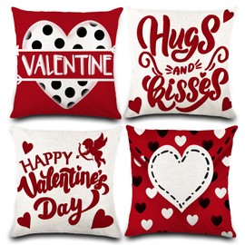 DIYDEC 4 Pcs Valentines Pillow Covers 18x18 Inches Kisses Hugs Valentines Decorative Pillows for Wedding Anniversary Holiday Decoration Red Heart Valentines Throw Pillow Cases for Sofa Couch